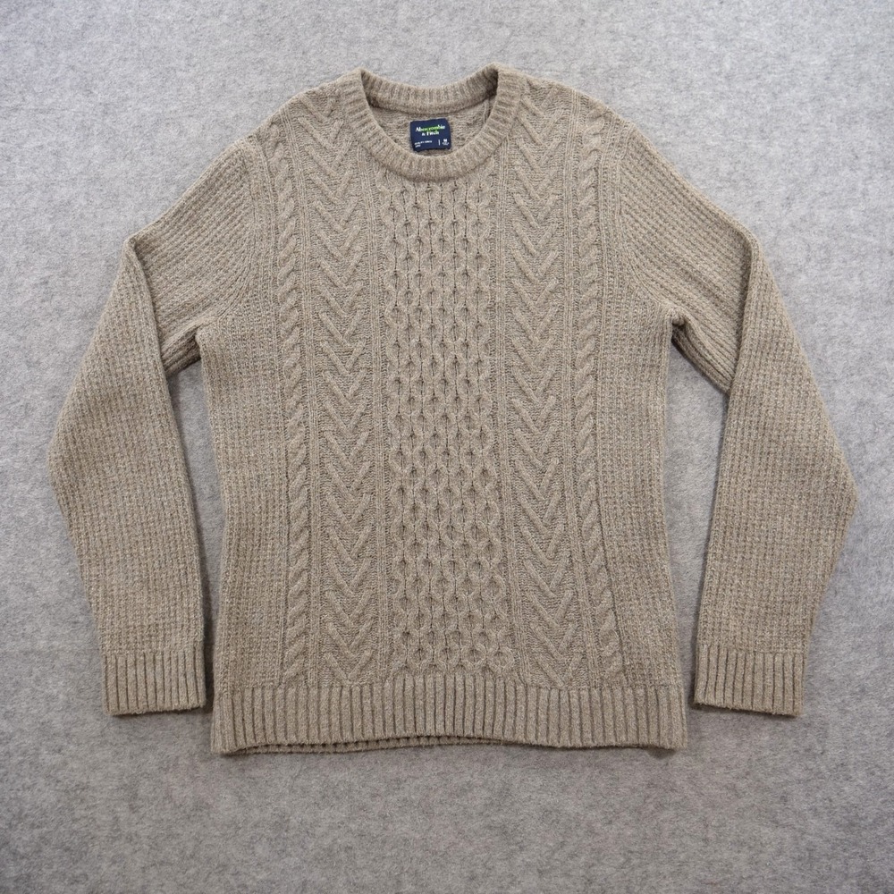 Abercrombie & Fitch Sweater Mens Medium Brown Cable Knit Fisherman Cotton Crew